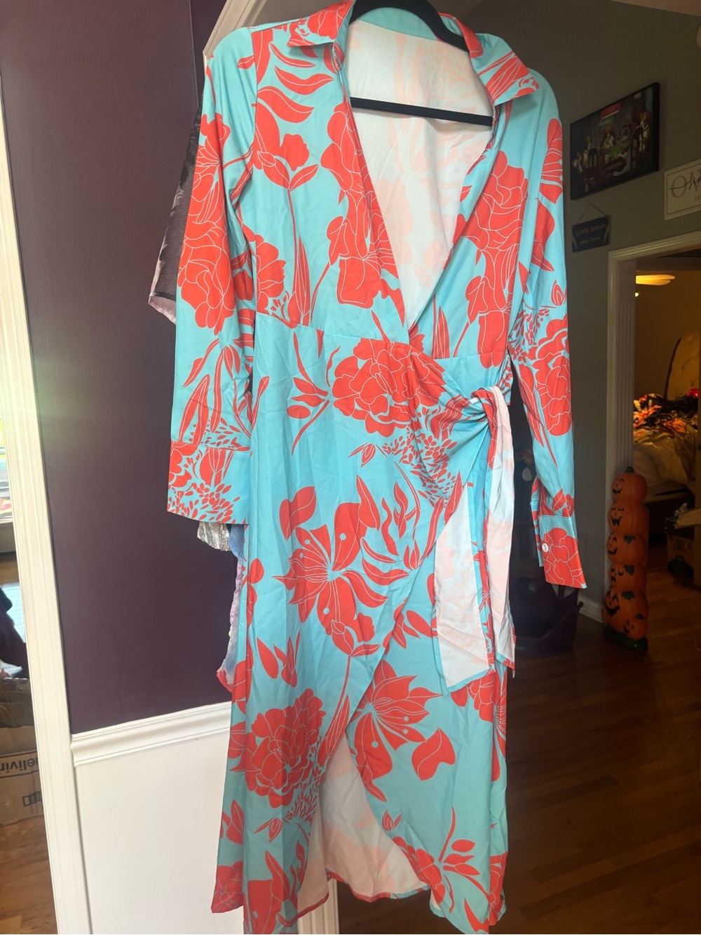Floral Wrap Dress Robe in Aqua and Coral